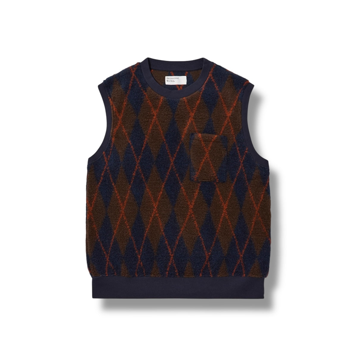 Universal Works Sleeveless Crew Argyll Fleece brown/navy