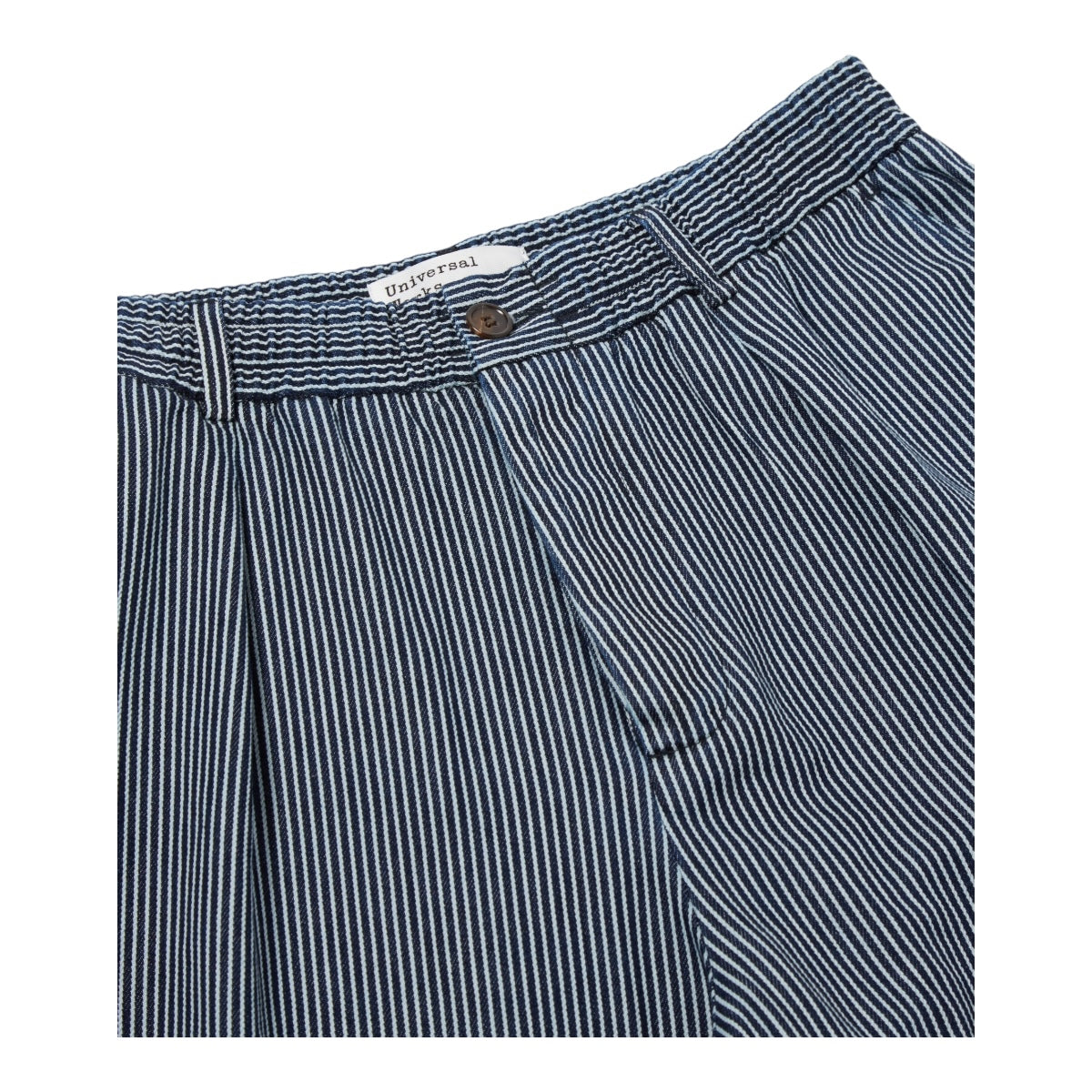 Universal Works Pleated Track Pant P32085 hickory stripe denim indigo