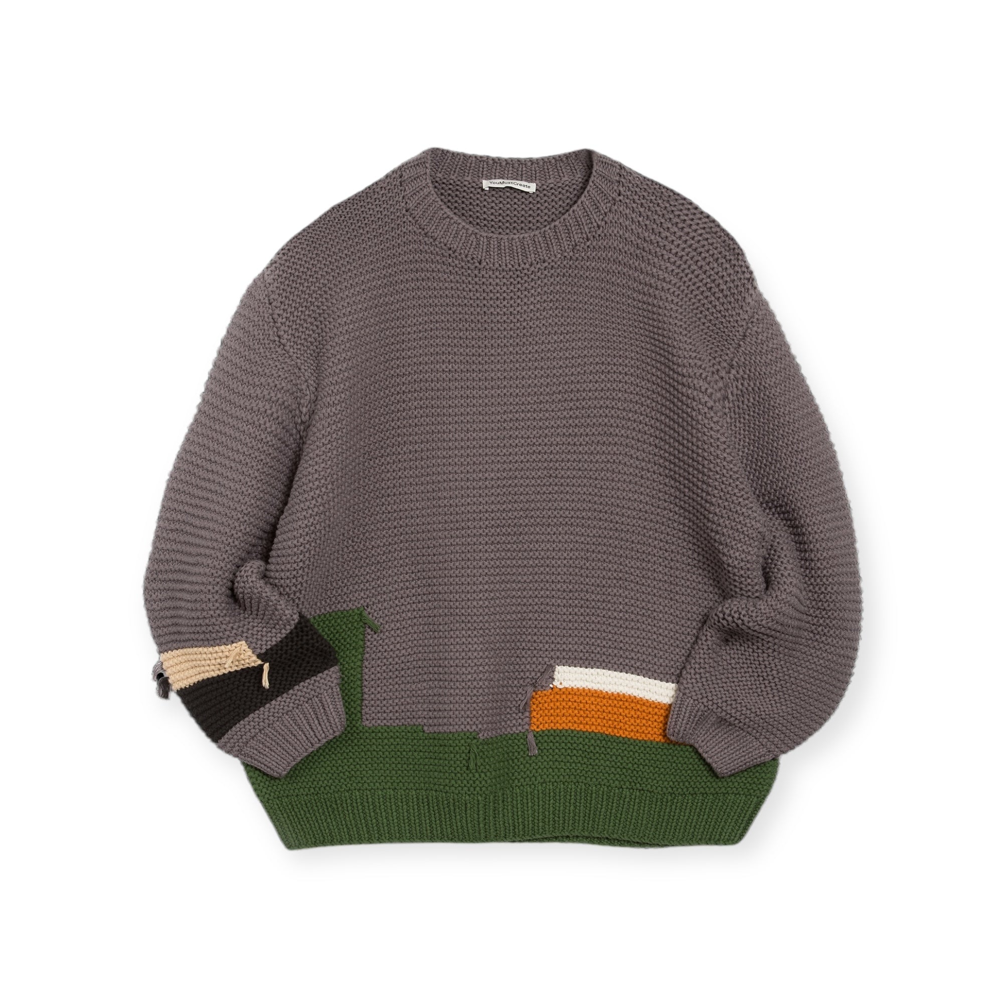YMC Flint Crew Knit hand knit colour blocks grey