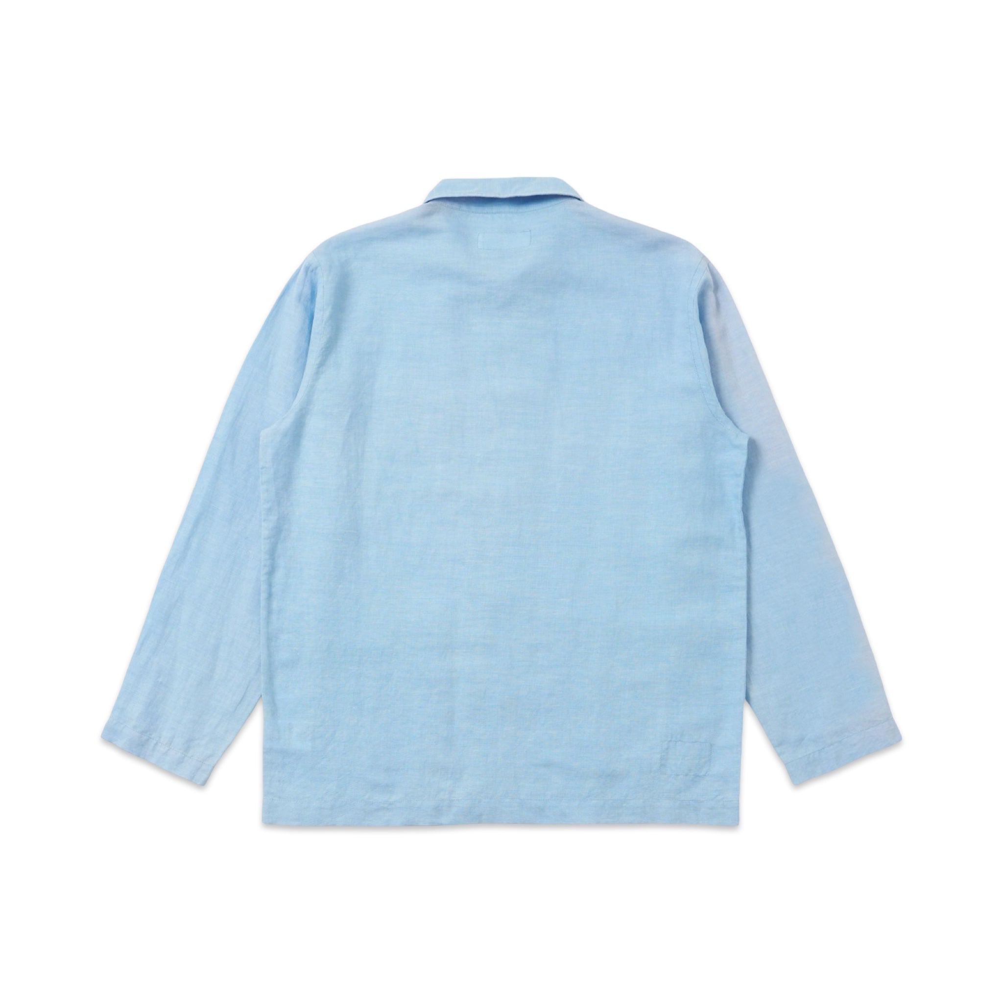 Universal Works Bakers Overshirt linen cotton shirting pale blue