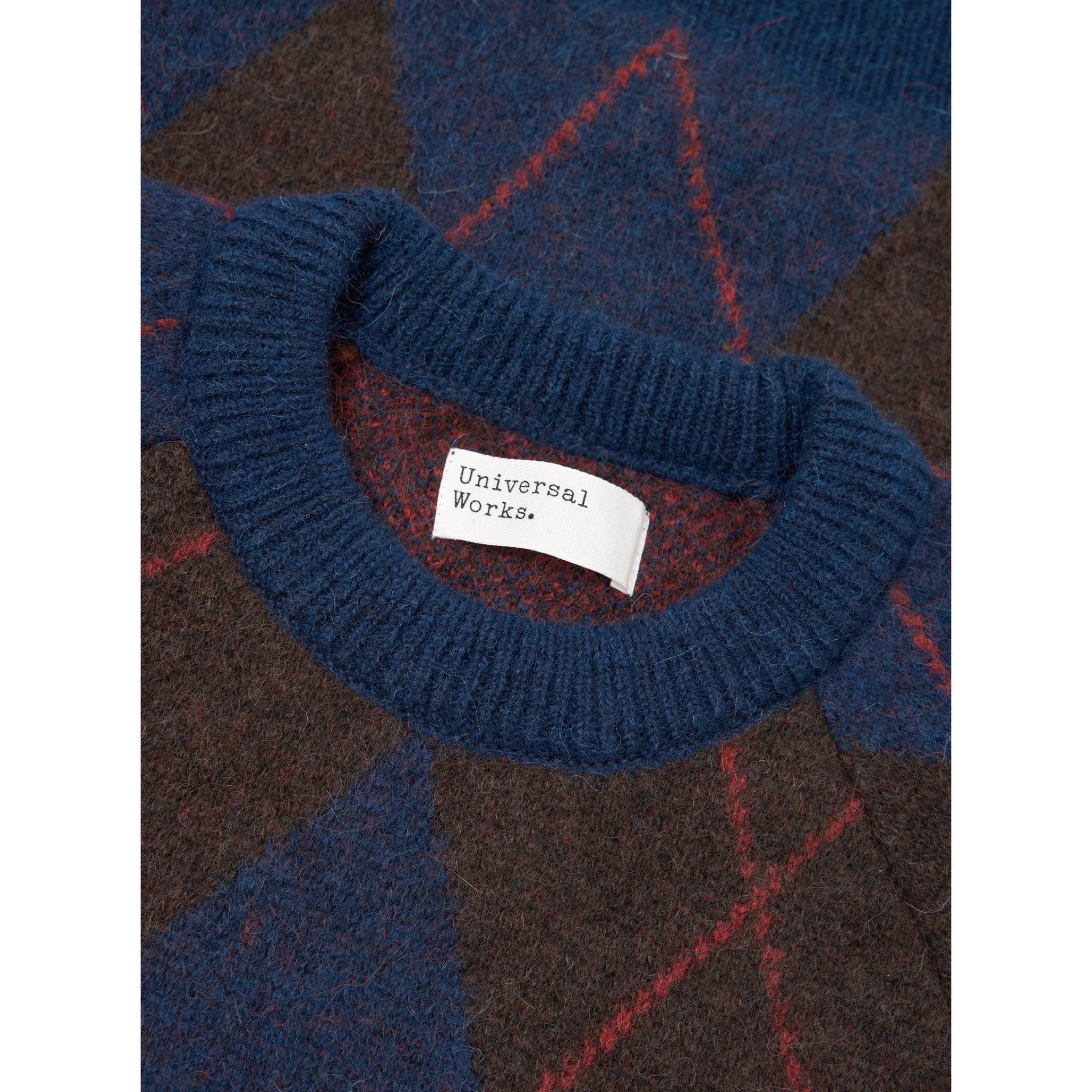 Universal Works Lyon Crew alpaca argyle navy