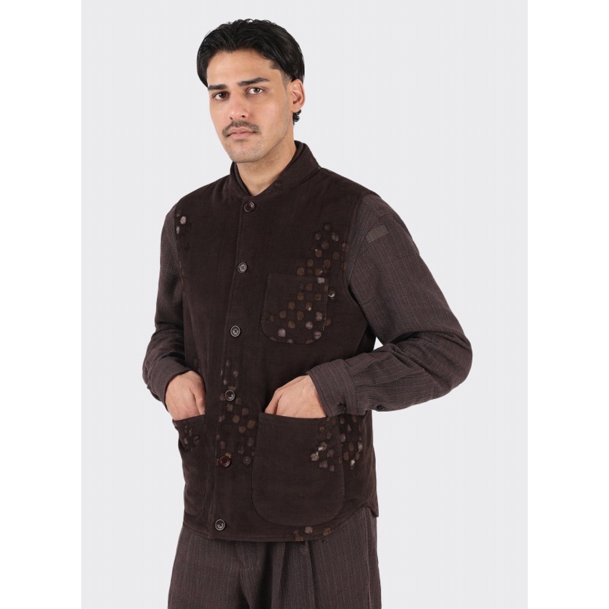 Kardo Leo Vest Padded Block Print Corduroy BP145 charcoal