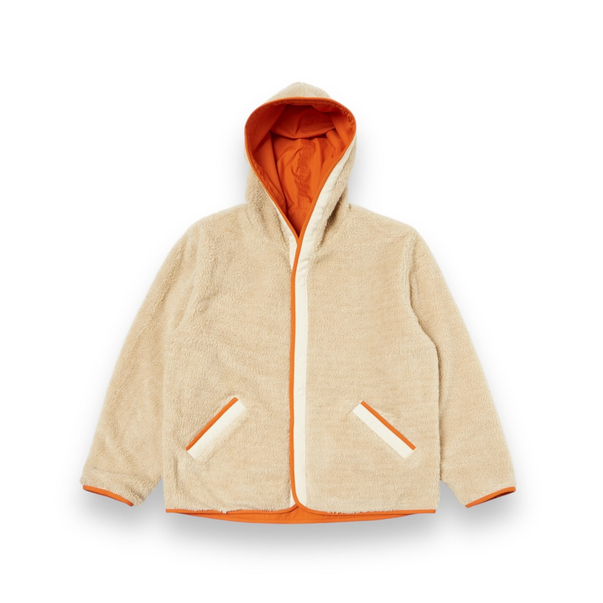 Universal Works Reversible Simple Hooded Jacket 31129 orange/sand rec poly tech/sherpa