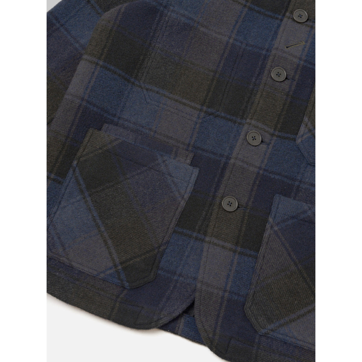 Universal Works Og Bakers Jacket berlin wool check navy/brown