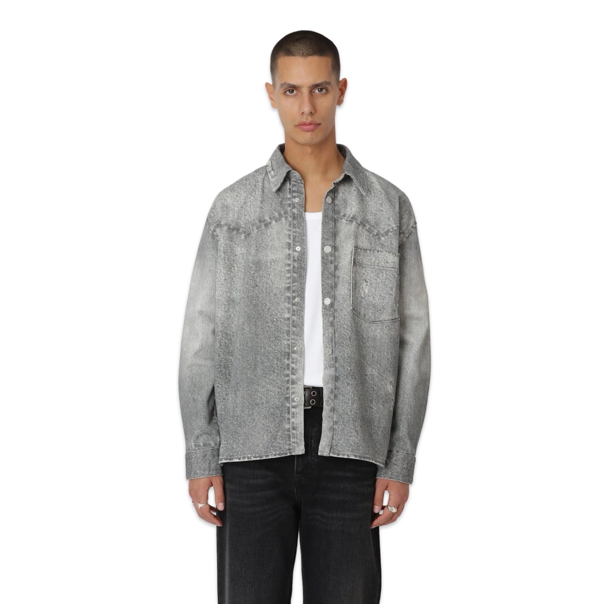 Won Hundred Zayne Printed Denim Shirt grey