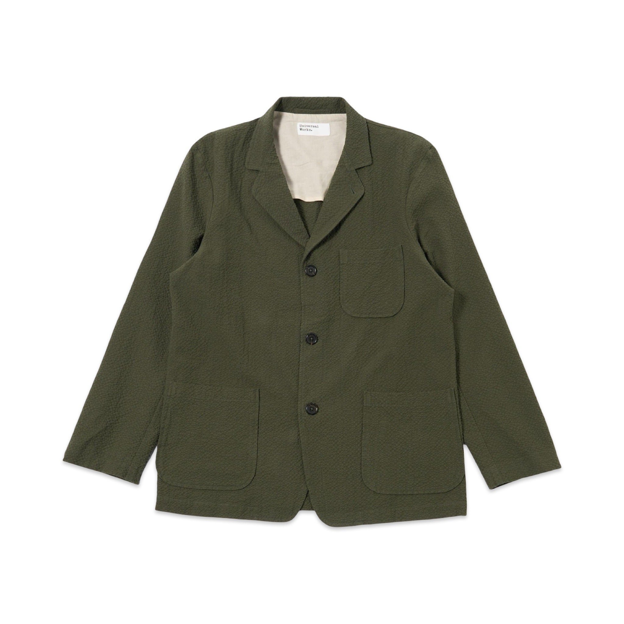 Universal Works Three Button Jacket Merida Seersucker olive