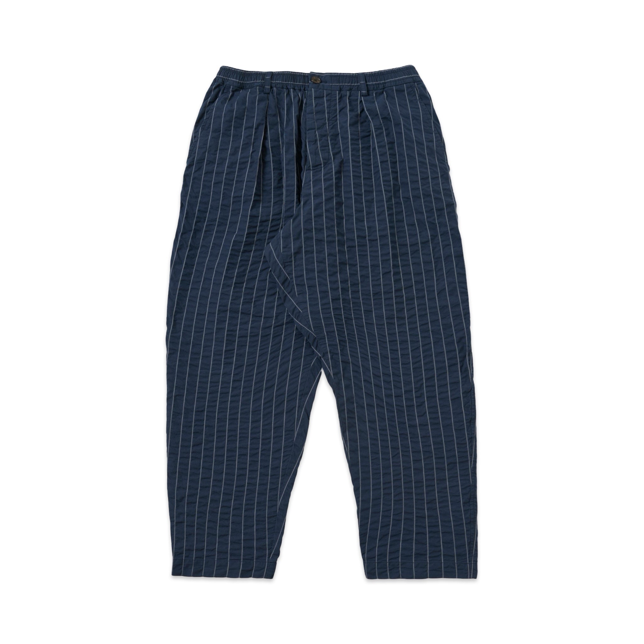 Universal Works Pleated Track Pant Chester Stripe navy